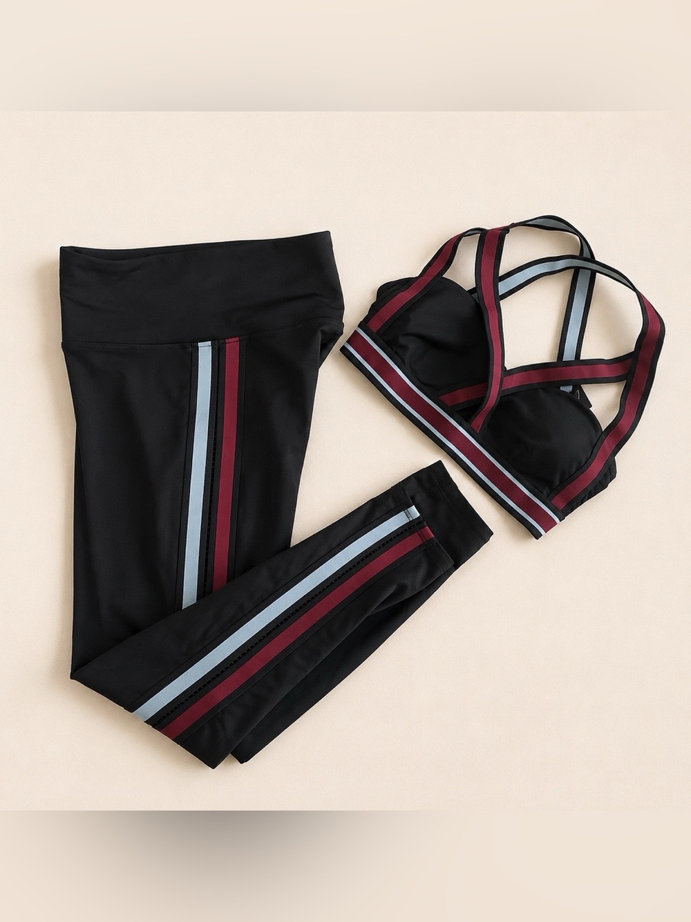 MICHI Black Sports Bra and Leggings Set with Burgundy and Light Blue Stripe